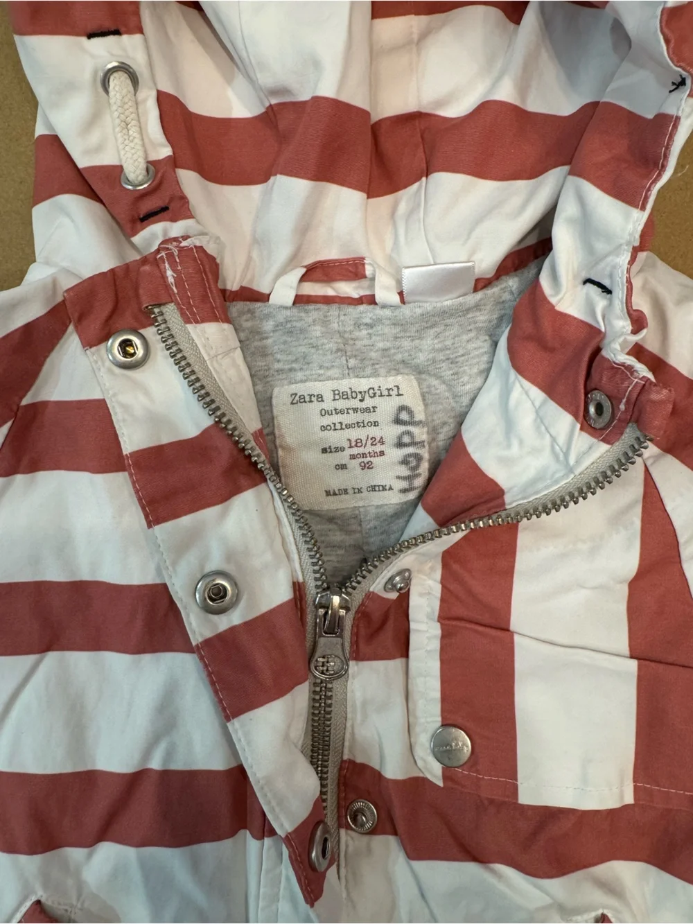 Zara babygirl striped Hooded Jacket in dusty red/pink and White